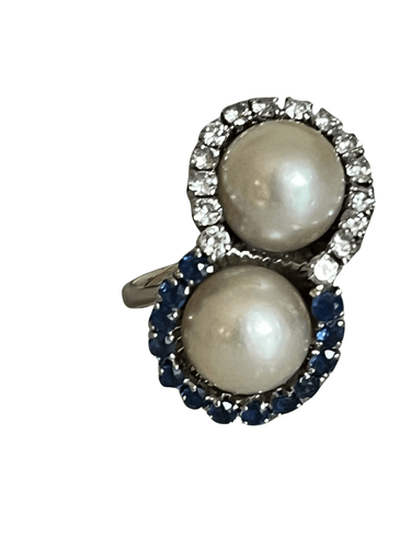 52 Bague Toi & Moi Or Gris Platine Perles Saphirs Diamants 58 Facettes 5422