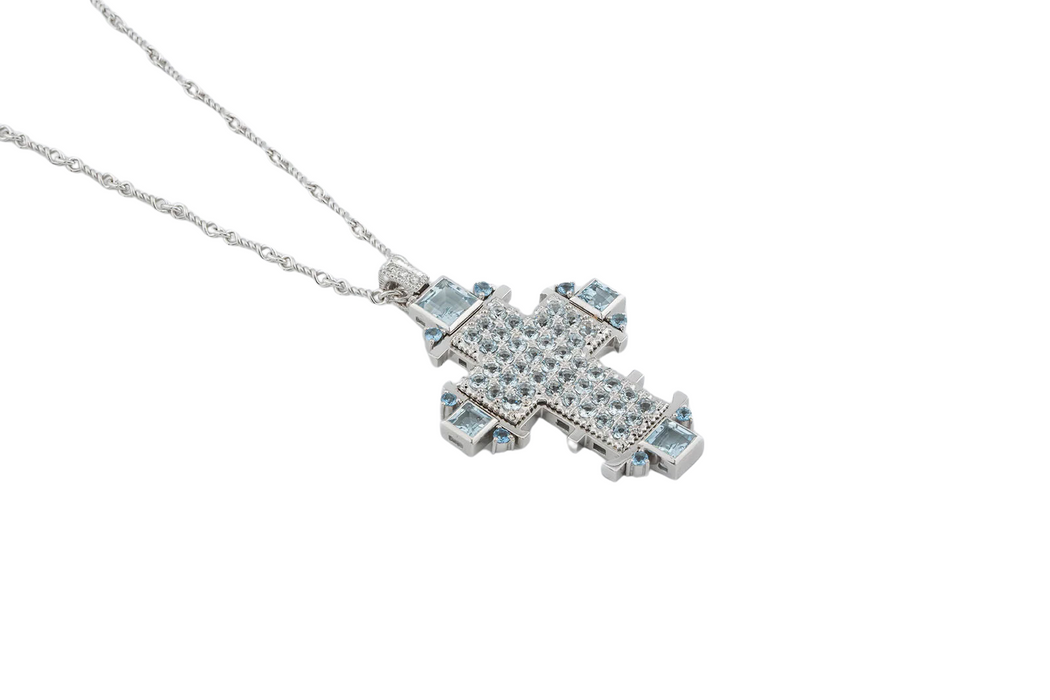 Crucifix necklace in white gold, diamonds and aquamarine