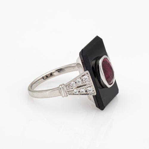 Bague 47 Bague cocktail - en platine 900 avec rubis, onyx et diamants 58 Facettes G13439