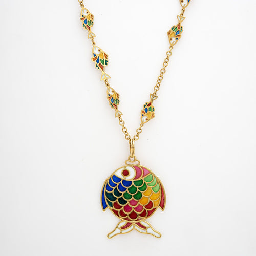 Collier Collier poisson en or jaune 14K avec émail plique-à-jour, vintage 58 Facettes G13461