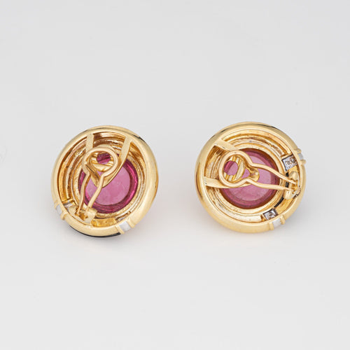 Boucles d'oreilles Boucles d’oreilles vintage en or jaune 18k, tourmaline rose, onyx et diamants 58 Facettes G13605