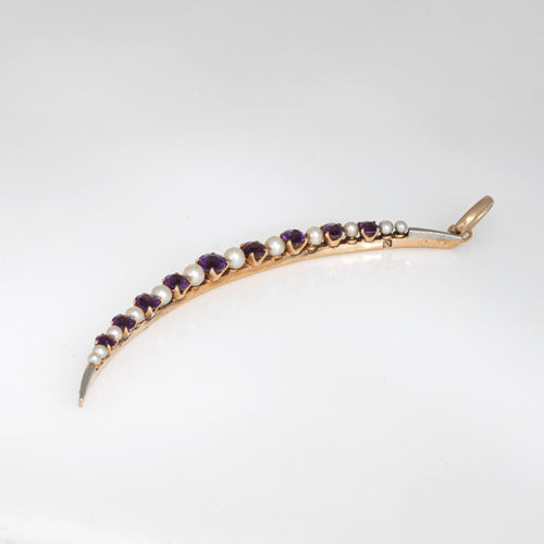 Pendentif Pendentif ancien lune croissante en or jaune 14 carats, améthystes et perles 58 Facettes G13743