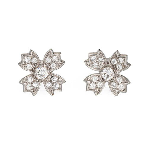 Boucles d'oreilles Tiffany & Co - Boucles d’oreilles Floret en platine et diamants 58 Facettes 1994 Tiffany & Co Diamond Floret Earrings Vintage Platinum Flowers Signed