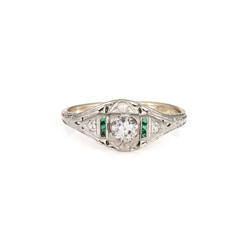 Bague 56 Art déco - Bague en or blanc 14k avec diamants et émeraudes 58 Facettes G13877