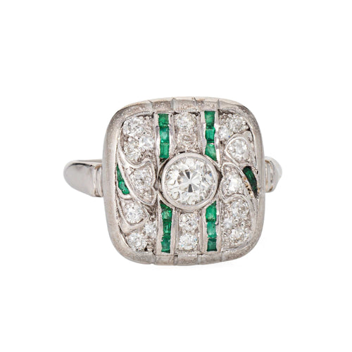 Bague 57 Art déco - Bague vintage en or blanc 14k, diamants et émeraudes 58 Facettes G13914