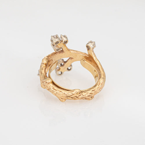 Bague 49 Bague branche d’arbre vintage années 1960 en or jaune 14 carats et diamants 58 Facettes G13972