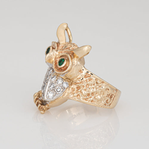 Bague Bague hibou vintage en or jaune 14k, diamants et émeraudes 58 Facettes G13999