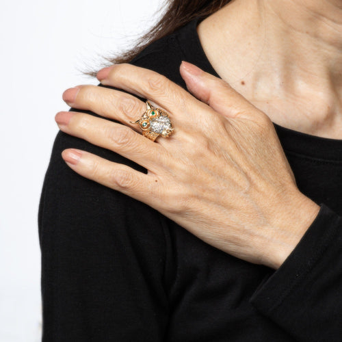 Bague Bague hibou vintage en or jaune 14k, diamants et émeraudes 58 Facettes G13999