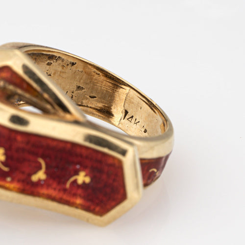 Bague 49 Bague boucle ceinture vintage en or jaune 14k et émail rouge 58 Facettes G14041
