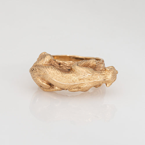 Bague 58.5 Bague Panthère vintage en or jaune 14 carats, pierres rouges 58 Facettes G14085