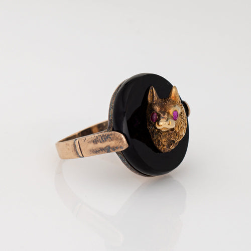 Bague 55 Bague loup Art déco vintage en or jaune 14 carats et onyx 58 Facettes G14109