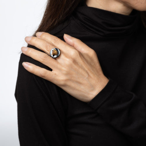 Bague 55 Bague loup Art déco vintage en or jaune 14 carats et onyx 58 Facettes G14109