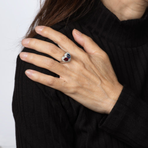 Bague Toi & Moi - Bague cœur en platine 900 avec diamants, saphir et grenat 58 Facettes G14133