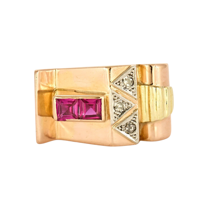 Ring Tank in three-color gold, synthetic rubies and diamonds