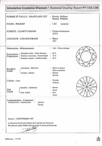 Bague 50 De Beers - Bague solitaire en platine 950 sertie d’un diamant 1,82 ct 58 Facettes 31889