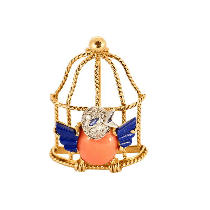 Broche Broche Oiseau Libéré, or jaune, corail, lapis lazuli, saphir et diamants 58 Facettes YD3