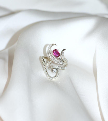 Bague 61 Bague volutes rubis birman et diamants en or blanc 18kt 58 Facettes GP3457