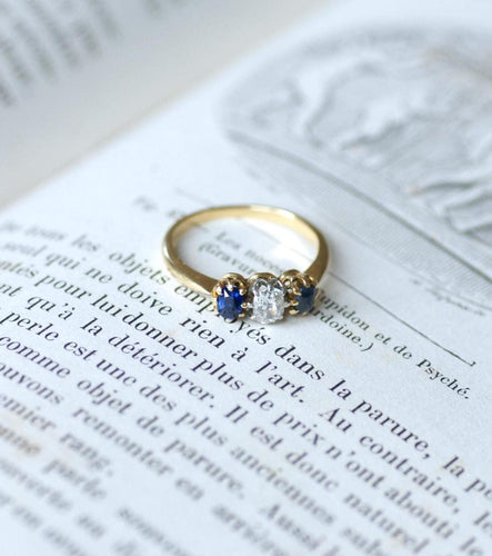 18kt黄金古董戒指51 吊袜带戒指 和 铂金，配有蓝宝石和钻石 58 Facettes