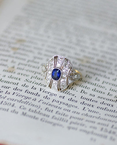 51号戒指 18K黄金Art Deco圆顶戒指和铂金，蓝宝石与钻石58 Facettes