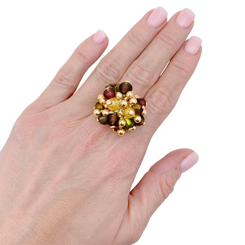 Bague 59 Pompon - Bague vintage en or jaune 750 et verre multicolore 58 Facettes 35188