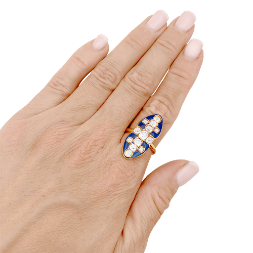 Bague 57 Bague marquise en or jaune 750, diamants taille ancienne et émail bleu 58 Facettes 34675