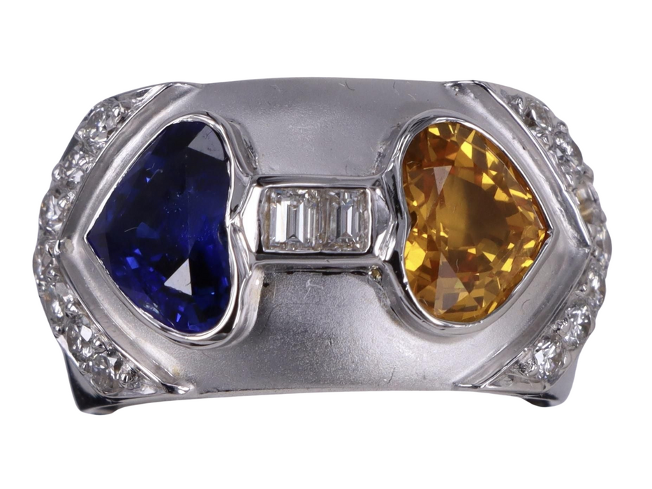 Vintage Heart Blue and Yellow Sapphires with Diamonds