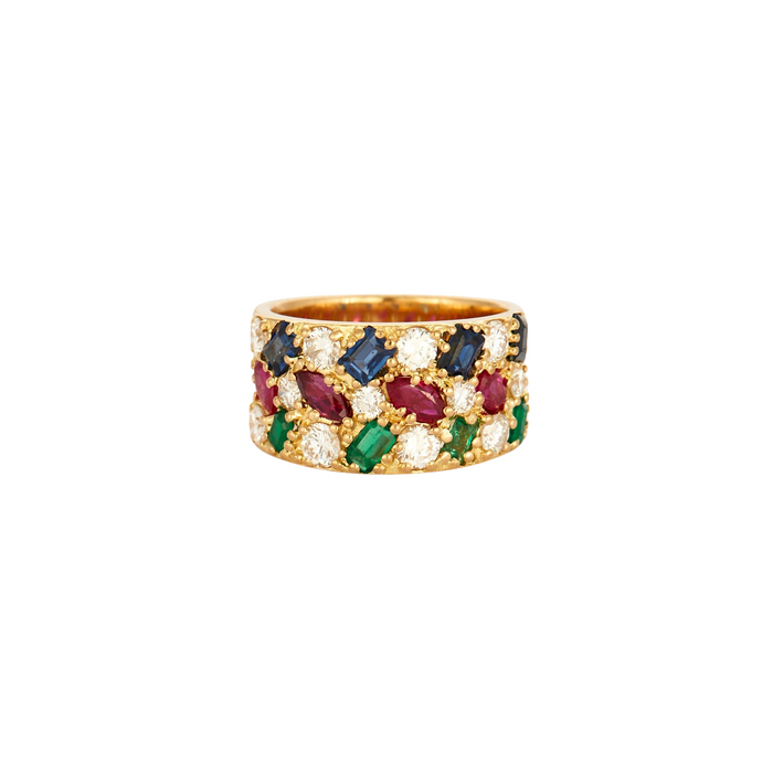 Yellow gold ring with diamonds, sapphires, rubies and emeralds.