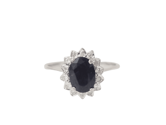 Bague 50.5 Bague marguerite en or blanc, diamants et saphir ovale 58 Facettes 26804
