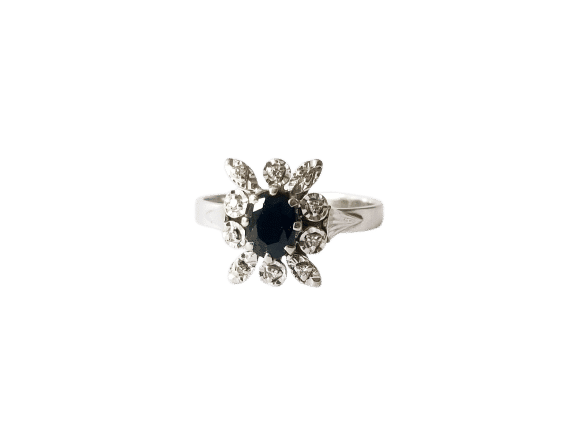 Bague 50 Bague pompadour saphir bleu et diamants en or blanc 18k 58 Facettes