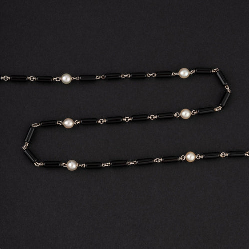 Collier GEORGES LENFANT- Chaîne giletière en platine, onyx, perles fines-Vers 1925 Art Déco 58 Facettes A3167