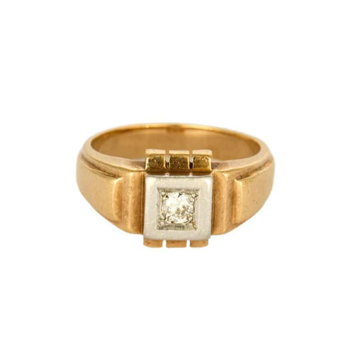 Bague 49 Chevalière or jaune et gris centré d'un diamant 58 Facettes CAN1105