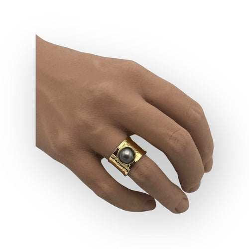 Bague 55 Bague martelée or jaune, perle de Tahiti 58 Facettes 149058232