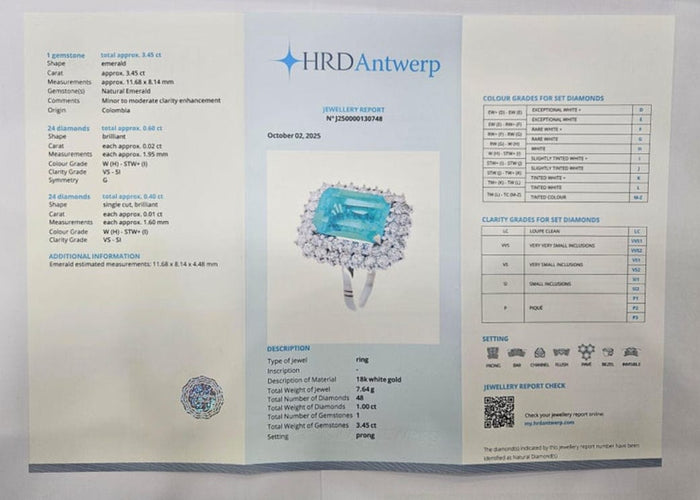 Bague 51 Bague cluster avec émeraude colombienne naturelle certifiée HRD de 3,45 cts en or blanc 58 Facettes E24