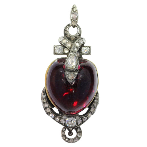 Pendentif Amour symbolique : pendentif en forme de cœur en grenat victorien avec nœud incrusté de diamants 58 Facettes 16196-0110
