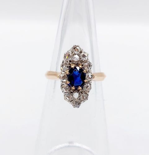 Bague 47 Bague marquise antique or rose 18k saphir synthétique taille coussin et diamants taille roses (circa 1900) 58 Facettes A05612