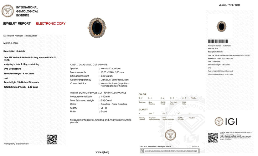 Bague 53.5 Bague cocktail Art déco 2 ors saphir 6,30 carats et diamants certificat IGI 58 Facettes