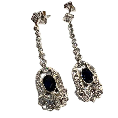 Boucles d'oreilles en platine de style art déco avec diamants et saphir 58 Facettes Q813A