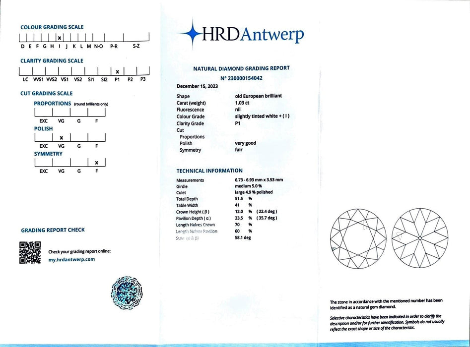 Gemstone Diamant certifié HRD de 1,03 carat de taille européenne ancienne 58 Facettes