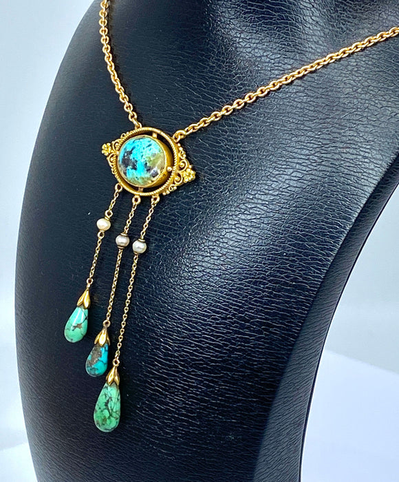 Collier Collier or jaune turquoises et perles fines, époque 1900 58 Facettes AB368