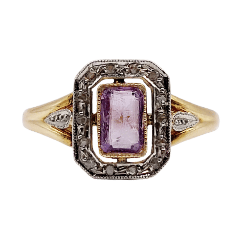 Bague 55 Bague pompadour or jaune, platine, améthyste et diamants taille rose (circa 1910) 58 Facettes A05298