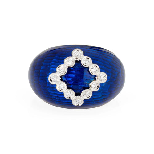 Bague 50 Royal Blue Enamel Dome Ring Diamond Vintage Yellow Gold 58 Facettes G13650