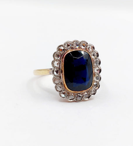 Bague 59 Bague pompadour art deco or jaune 18k pierre bleue et diamant taille rose (circa 1900) 58 Facettes A06202