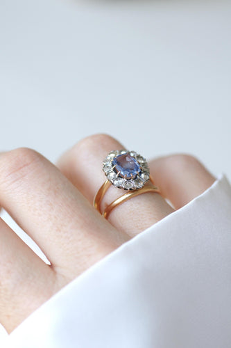 Bague 55 Bague Marguerite ancienne Saphir de Ceylan 1,50 Ct et Diamants 58 Facettes