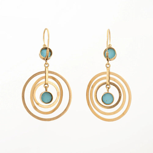 Vintage turkis øreringe i 18 karat gult guld, 2-tommer bevægelige koncentriske dråber