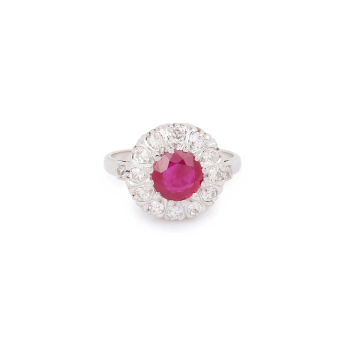 Bague 57 Bague marguerite rubis birman 2 Carats diamants platine or blanc (Certificat) 58 Facettes BRU55