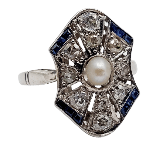 Bague marquise Art Déco Platine perle, diamants et saphirs calibrés (circa 1920) 58 Facettes A06226