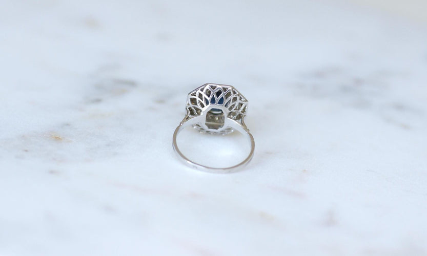 Bague 56.5 Bague Octogonale Saphir et Diamants Style Art Déco 58 Facettes