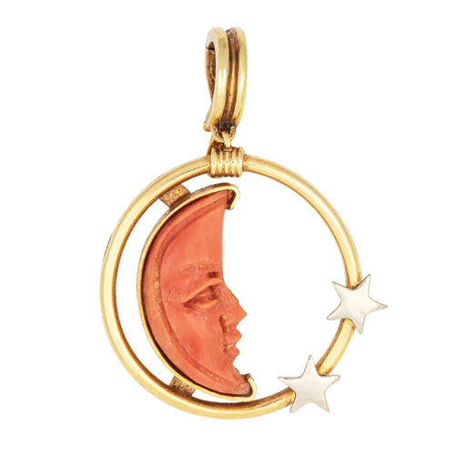 Pendentif Pendentif en corail sculpté Homme dans la lune Croissant d'étoile Or 18 carats Bijoux célestes 58 Facettes G13736