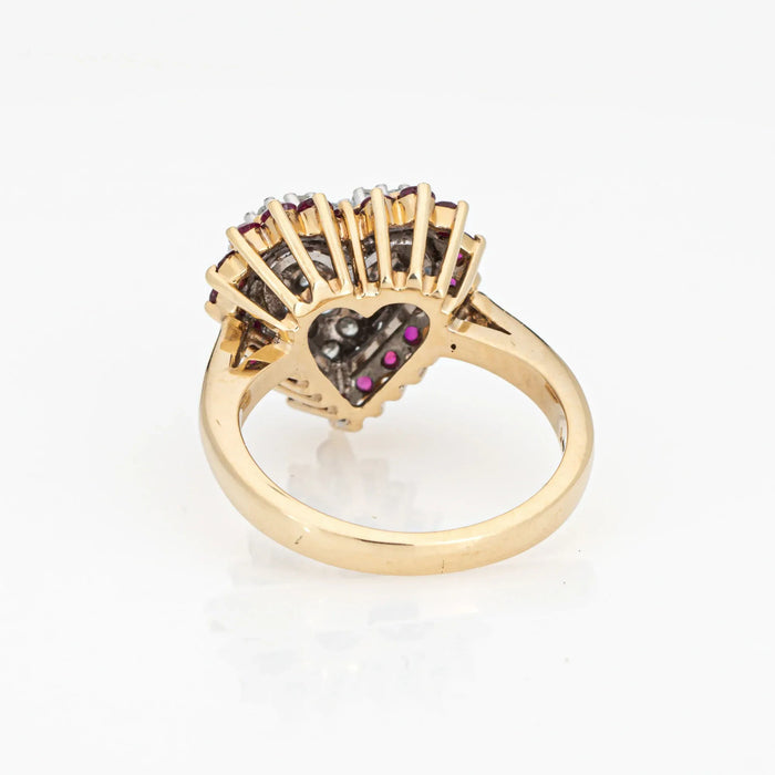 Vintage Pave Diamond Ruby Heart Ring 14k Oro Amarillo Sz 5 Cóctel Joyería Fina
