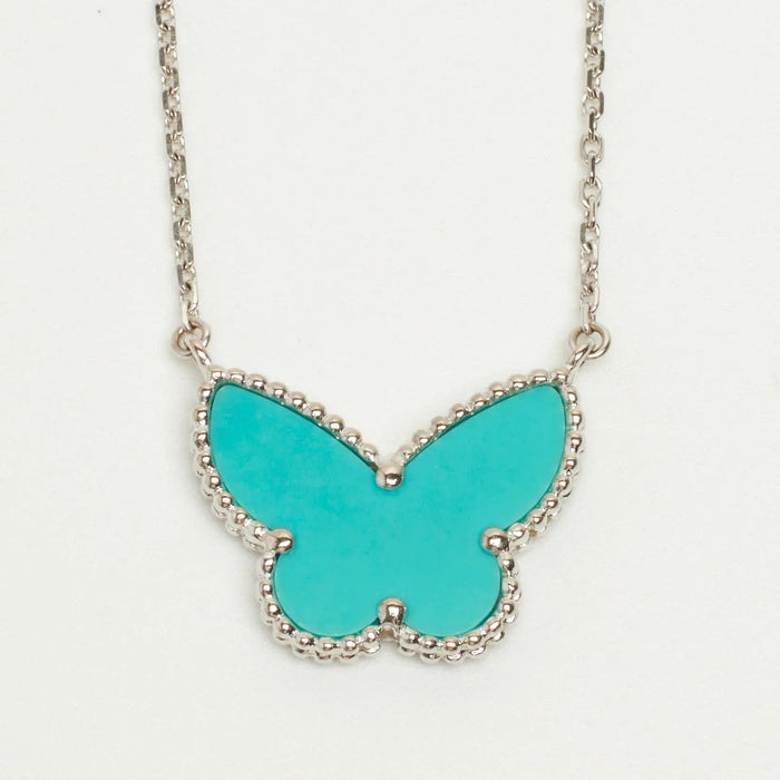 Collier Van Cleef & Arpels - Très Rare Collier Lucky Alhambra Butterfly Turquoise en or blanc 58 Facettes